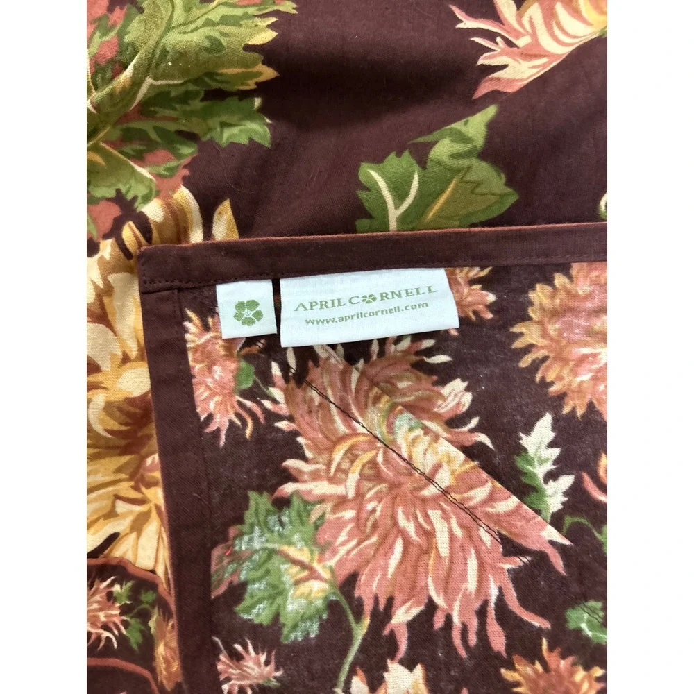 April Cornell Floral Cotton Rectangle Tablecloth Burgundy Brn Yellow India NWOT